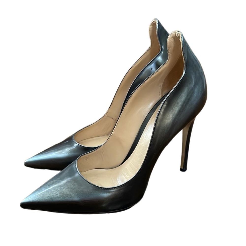 M. GEMI Metallic Silver Gray Scalloped Edge Pointed Toe High Heel Pumps